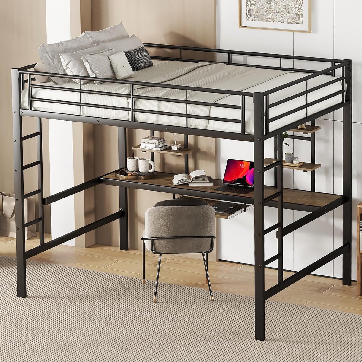 Hoogslaper met Bureau en Planken - Metalen Bedframe 140x200 cm Zwart
