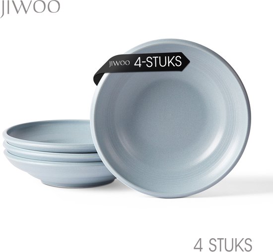 Set van 4 lichtblauwe keramische pastaborden met een licht verhoogde rand. "JIWOO 4-STUKS" is zichtbaar op een zwarte band.