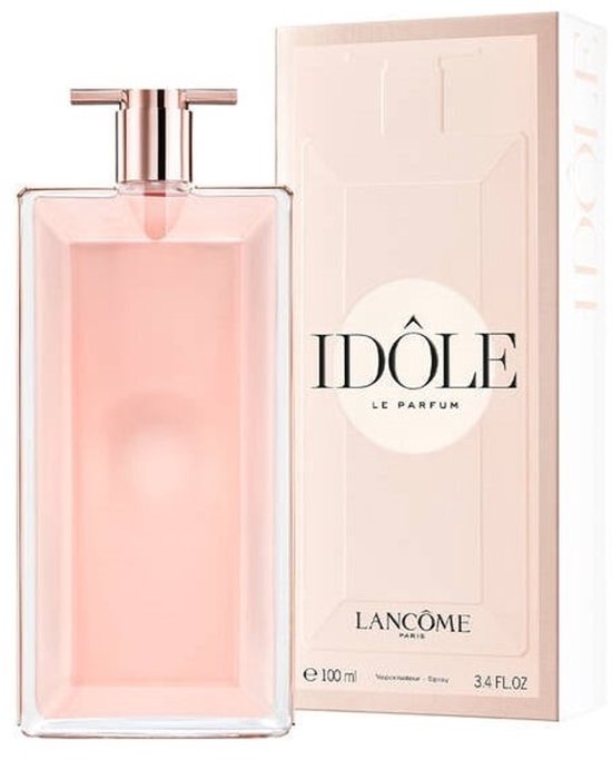 Lancôme Idôle Eau de Parfum 100ml flesje naast de bijpassende roze verpakking met 'Idôle Le Parfum' erop.
