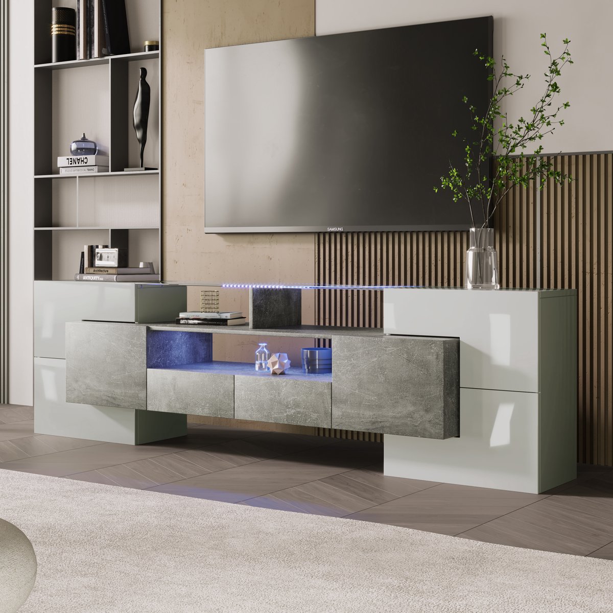 Wishdor Tv-Meubel - Hoogglans Afwerking - Led-Verlichting Met Meerkleurige Standen - Glasoppervlak - Mdf - Grijs - 200 X 35 X 60 Cm