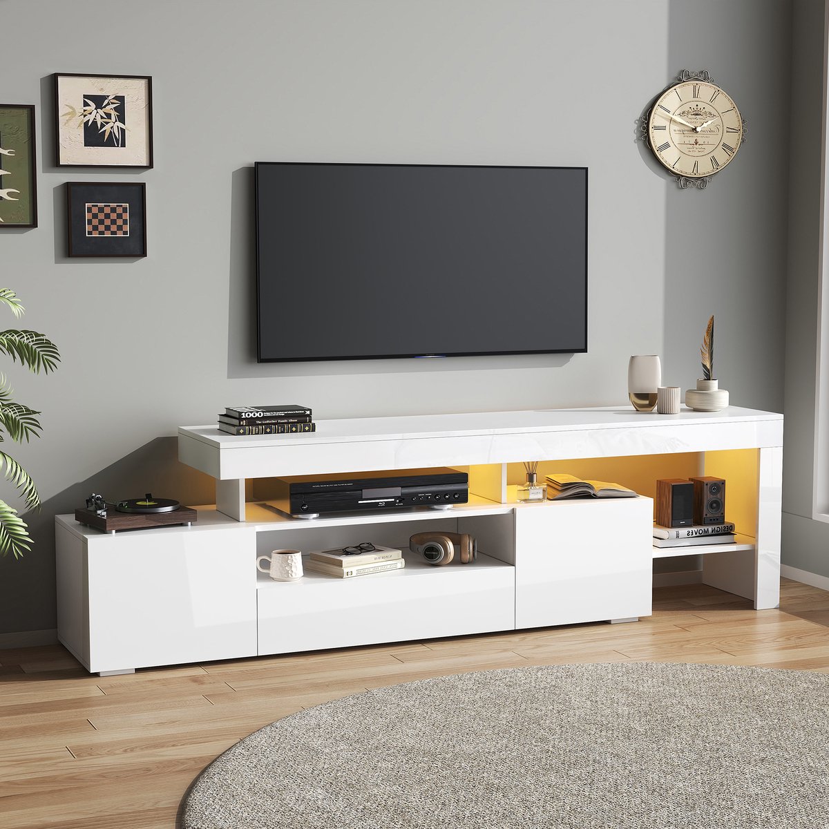 REDOM TV-meubel 192x37x53 cm van MDF-hout, wit hoogglans, met LED (app-bediening), 3 deuren en open vakken