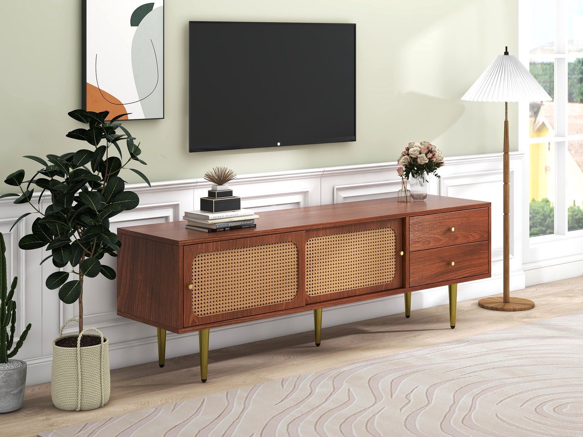 REDOM TV-meubel 160x40x60 cm van MDF-hout en kunststof-rattan, met schuifdeuren en lades, modern walnoot Okkernoot