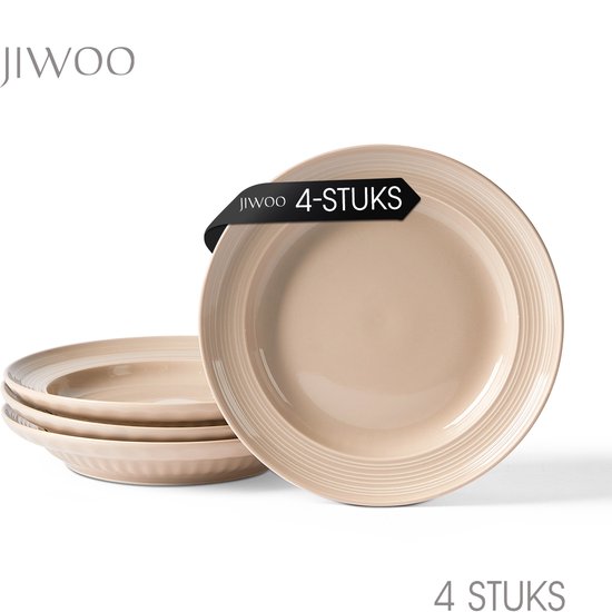 Een close-up van een beige bord met een ribbelrand, met een 'JIWOO 4-STUKS' label.