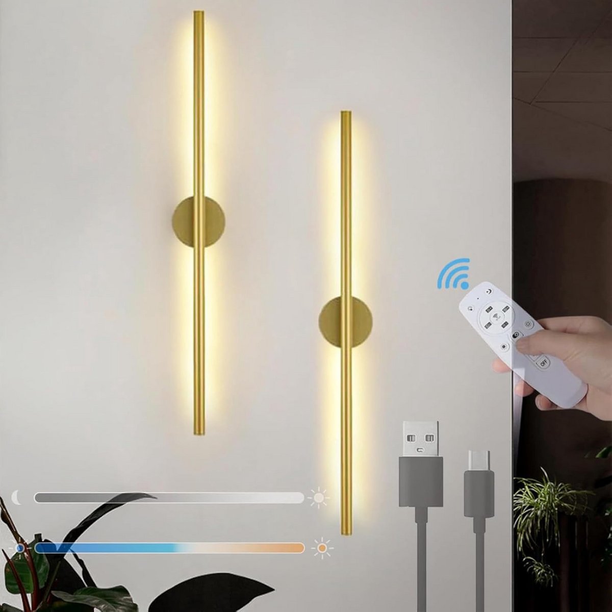 Dimbare LED Wandlamp Set (2 stuks) met Afstandsbediening - Oplaadbaar USB & 350° Draaibaar