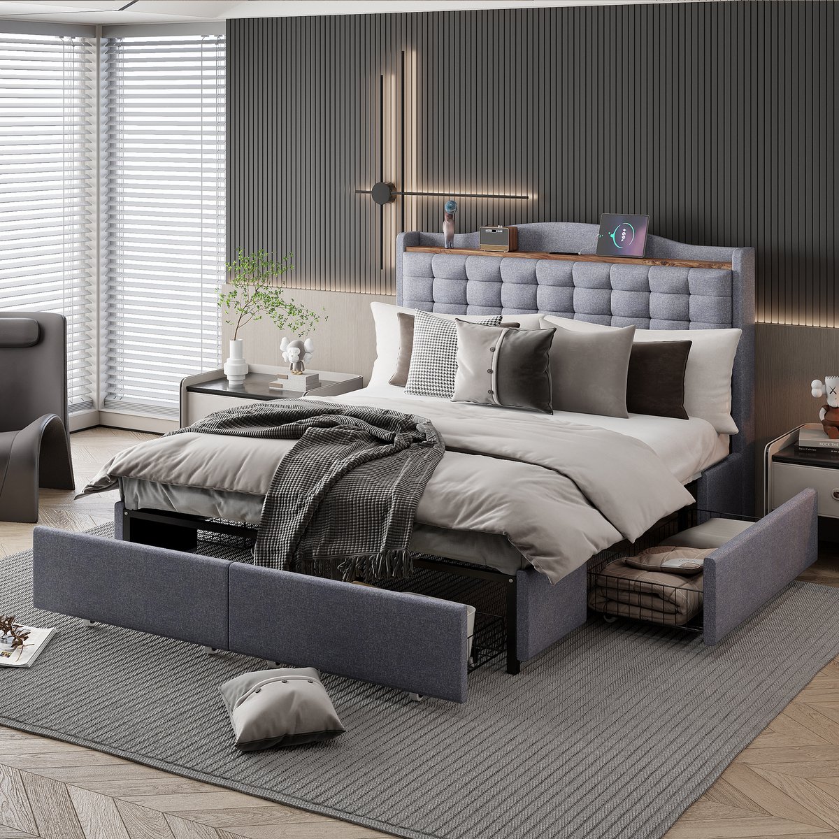 REDOM Bedframe 140cm*200cm, gestoffeerd linnenstof in grijs, met hoofdeinde, USB-laadaansluiting en 4 ruime laden