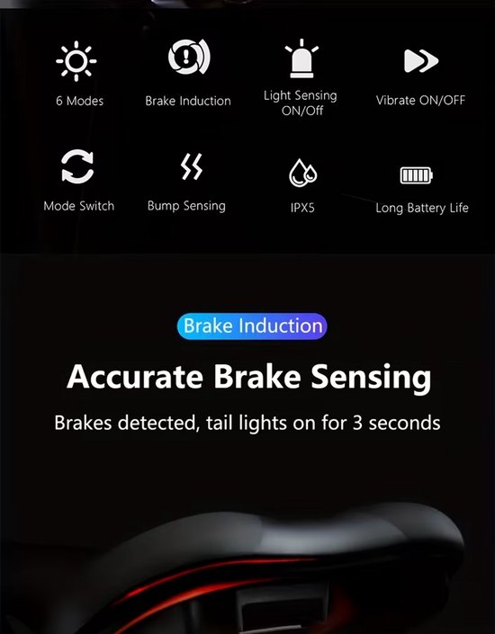 TWOOC Smart Bike achterlicht, automatisch start-stop remgevoelige LED achterlicht, oplaadbaar — afbeelding 5