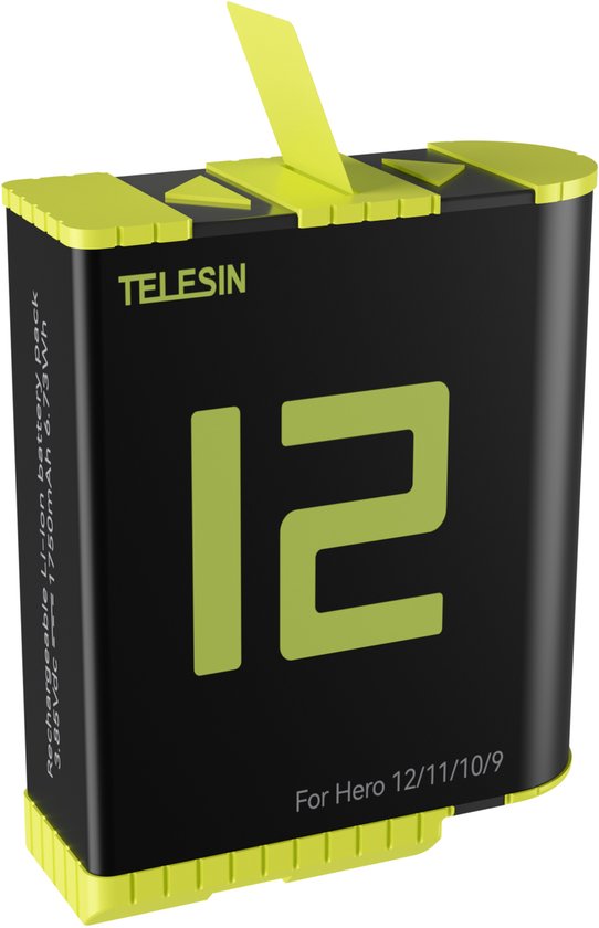 Telesin 1750 mAh batterij voor GoPro Hero 9, 10, 11, 12 – extra accu, vervanging, Li-ion, hoge capaciteit