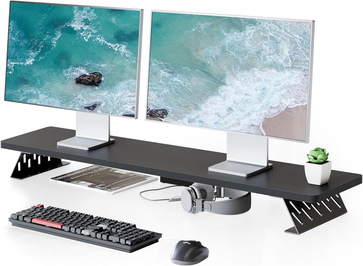 Extra Breed Monitorriser Bureau Organizer - Verhoogd Platform voor 2 Schermen, Laptop of Printer - Zwart