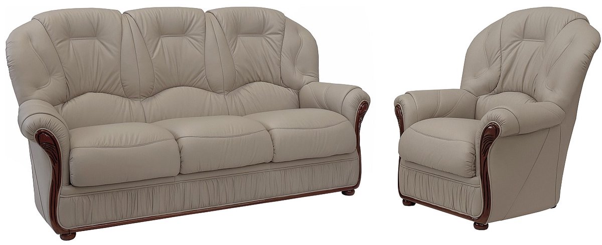 Vente-unique Driezitsbank en fauteuil van 100% taupegrijs buffelleer DAPHNE