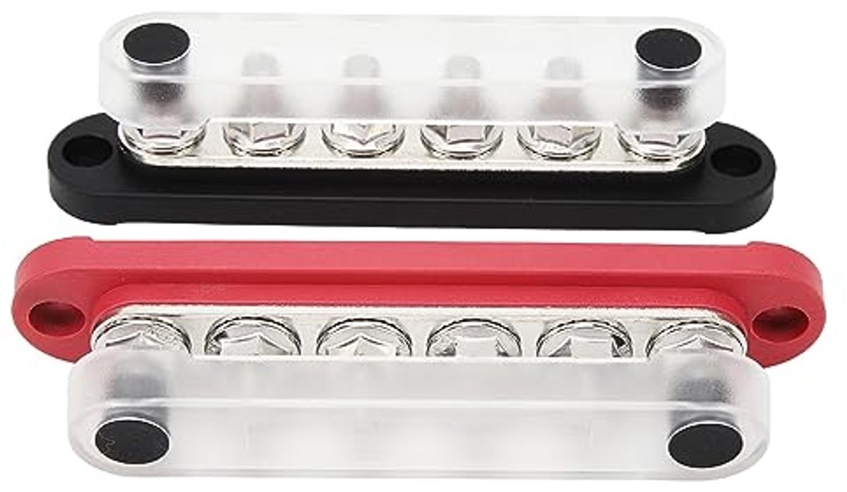 Stroomverdeler, 150 A, 2 stuks, 12 V-48 V, 6 kanalen, stofkap, M8-aansluitbouten, verzamelrail, 6 x 5/16 inch, voor voertuigen