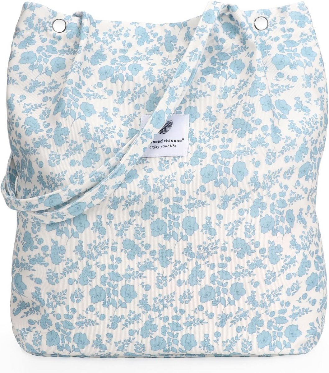 Grote Corduroy Tote Tas met Bloemenprint voor Dames - Shopper voor School of Werk