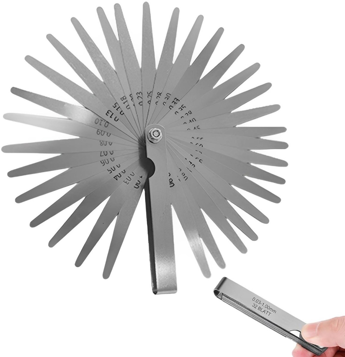 Diktemeter, voelermeter 32 messenger 0,03-1,00 mm/0,001-0,04 inch stalen lamellen-diktemeter voor het meten van de breedte of dikte van de Fe