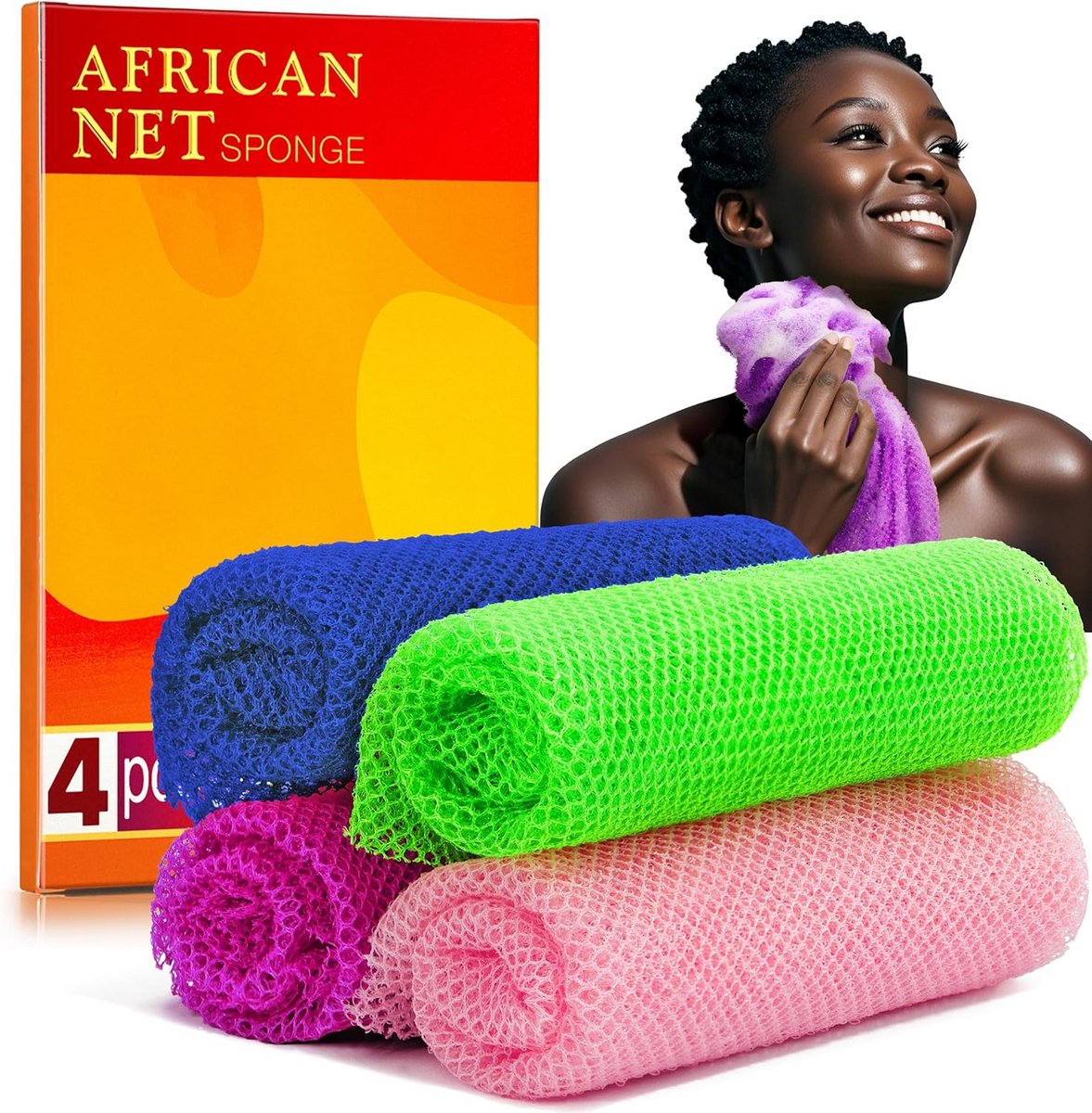 4-delige set exfoliërende netdouche spons voor lichaamsscrub en zachte huid