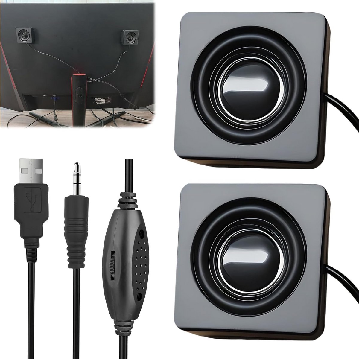 Compacte Zelfklevende USB Speakers met 3.5mm Jack voor PC, Laptop en Tablet - Zwart