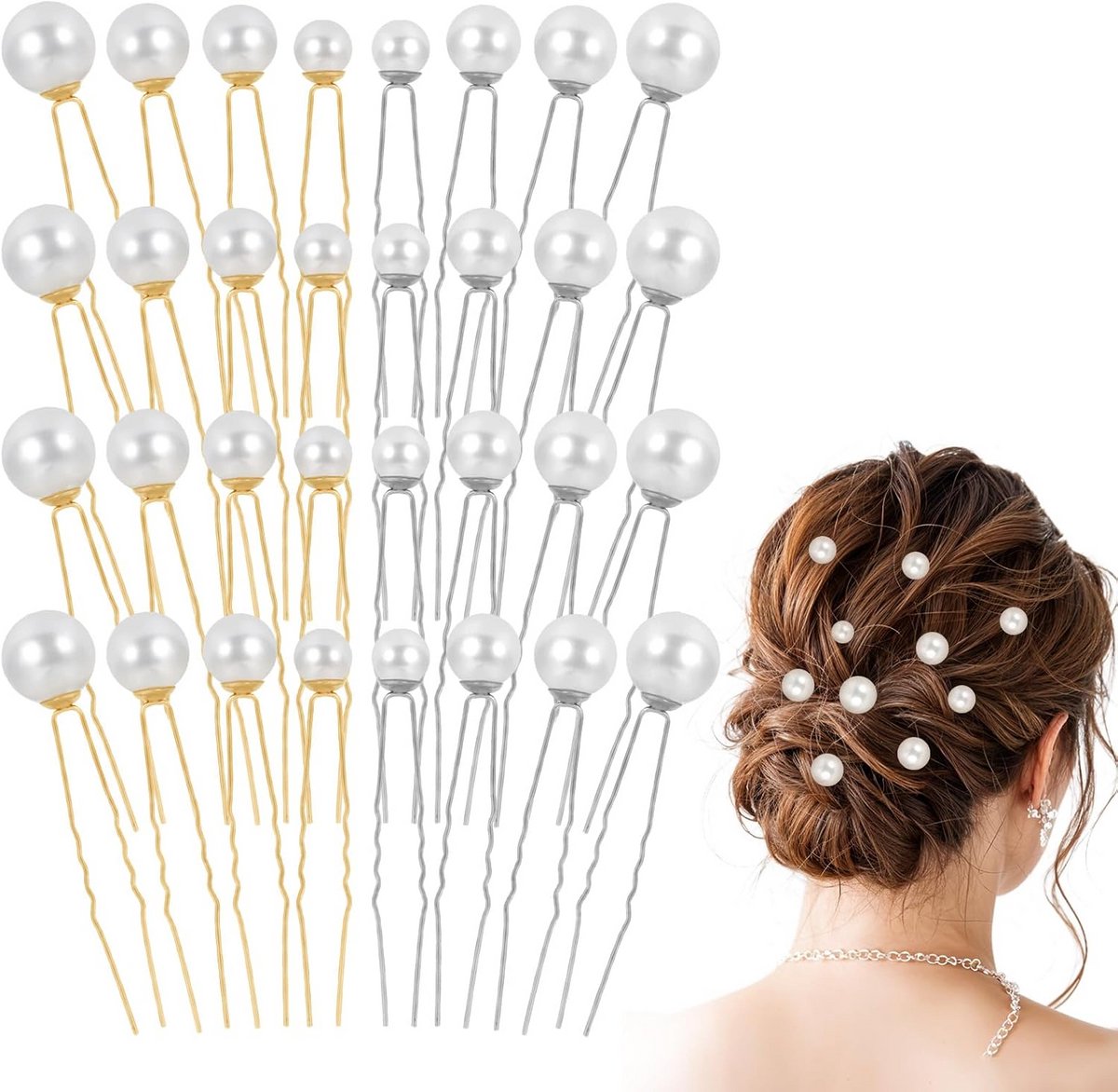 32 Stuks Bruidshaarspelden met Witte Parels en Strass - U-Vorm Haaraccessoires Zilver