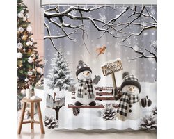 Waterdichte Douchegordijn 180x180cm met Kerstprint – Thema: Kerstboom, Sneeuwpop & Sneeuwvlokken