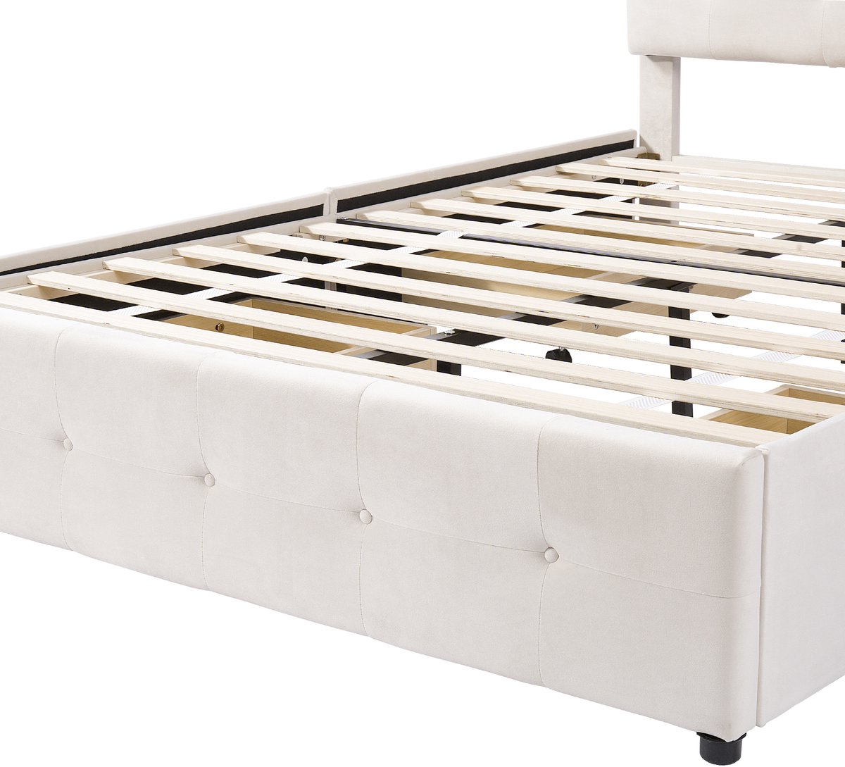 Gestoffeerd Dubbelbed 140x200 cm, Met 4 Opberglades en Hoofdeinde, Zijden Stof en Metalen Frame, Beige, Zonder Matras