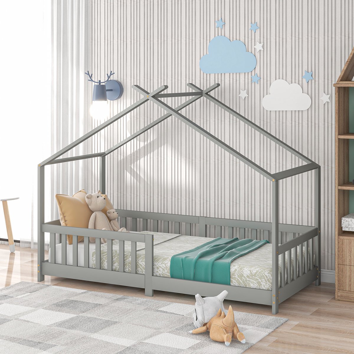 Huisbed Kinderbed 200x90 cm, Vollhouten Design met Veiligheidshek, Grijze Kleur, Inclusief Lattenbodem, FSC Grenenhout