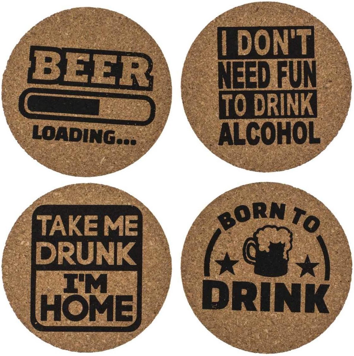 Set van 4 Kurk Onderzetters met Leuke Slogans - 10 cm Doorsnede