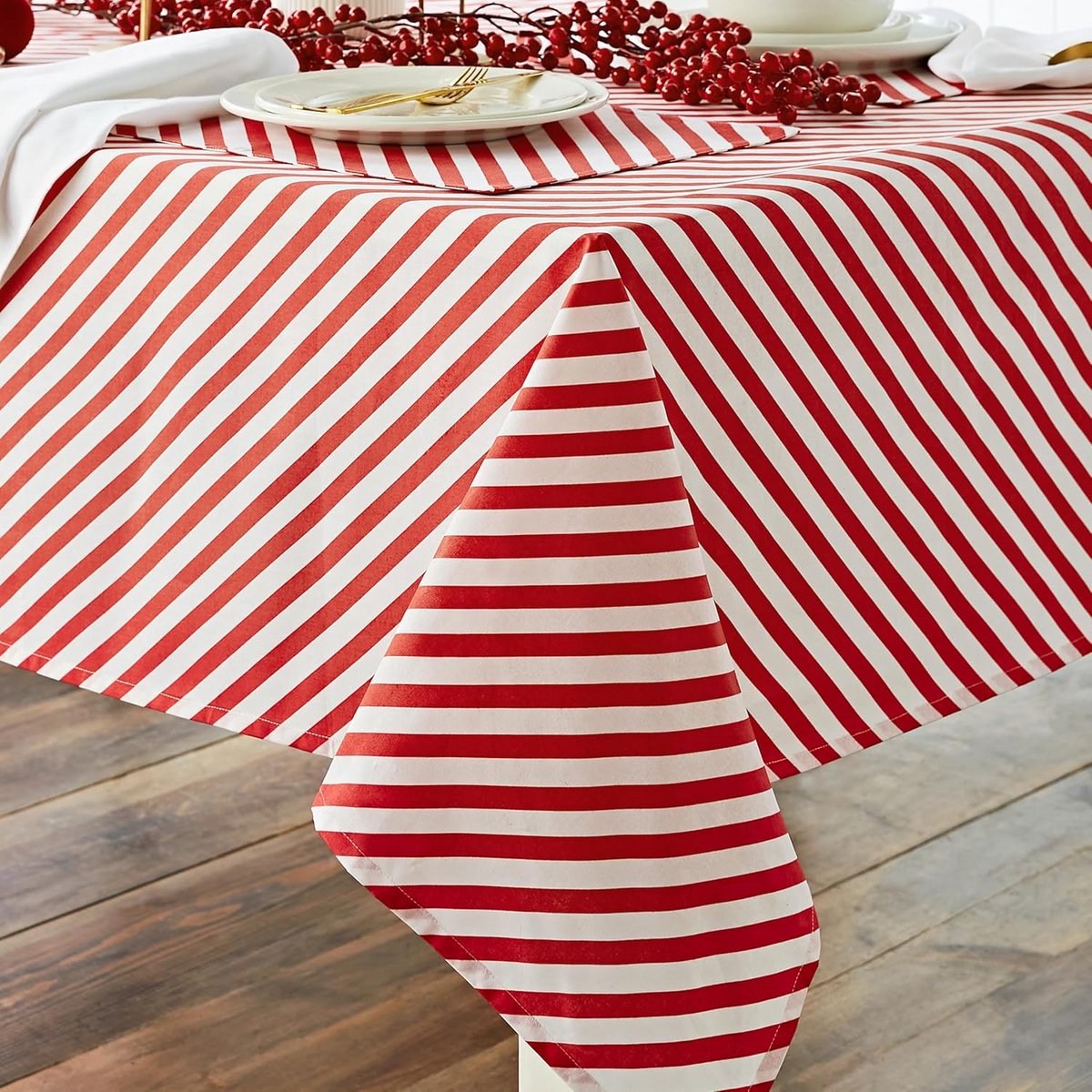 Feestelijk Kerst Tafelkleed Katoen Wit Rood Snoepstok Dessin 137x178 cm