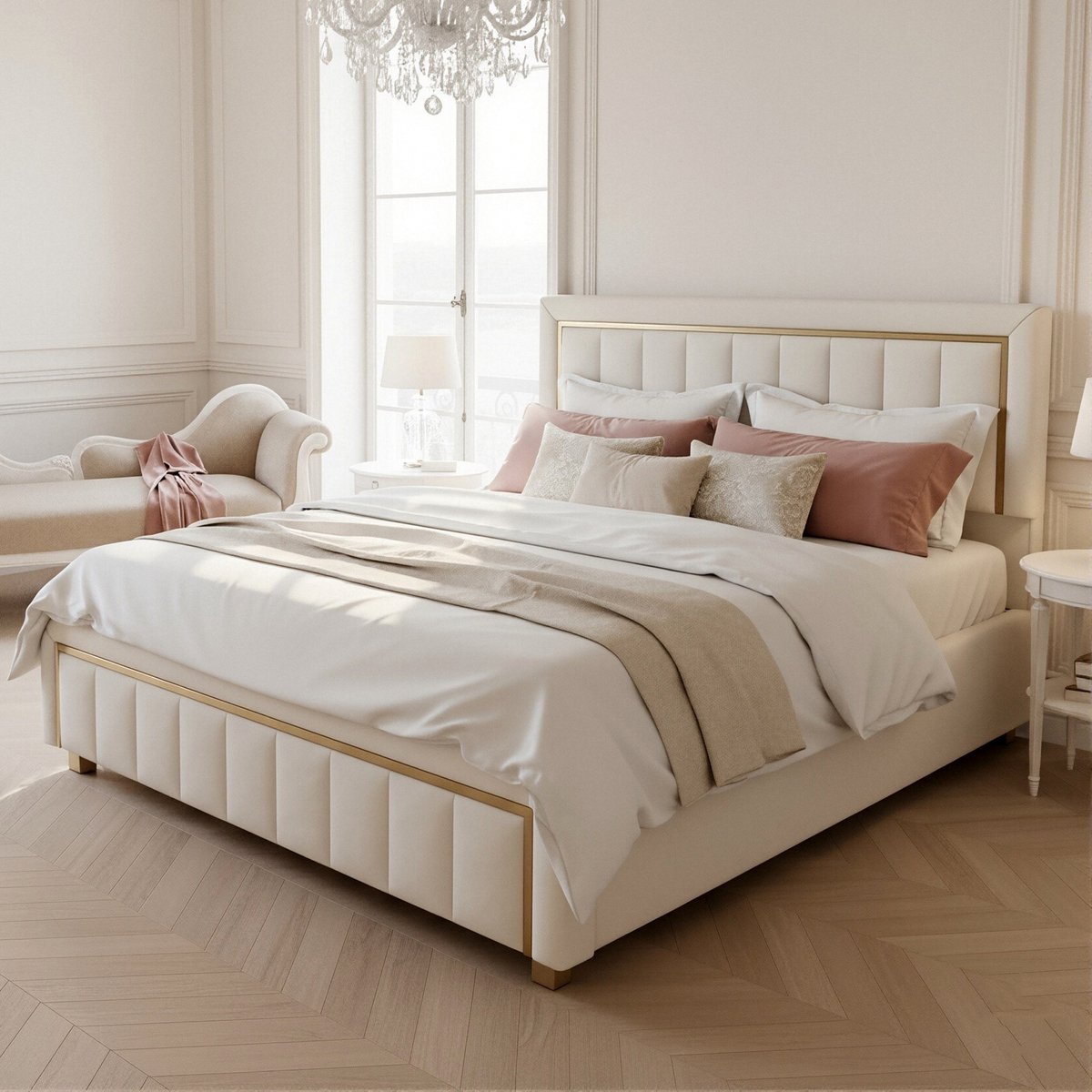 ADFBL Ottomaans Bed 160x200 cm Beige - Fluweel Bed met Opbergruimte & Gouden Rand | Art Deco Hotel Chique