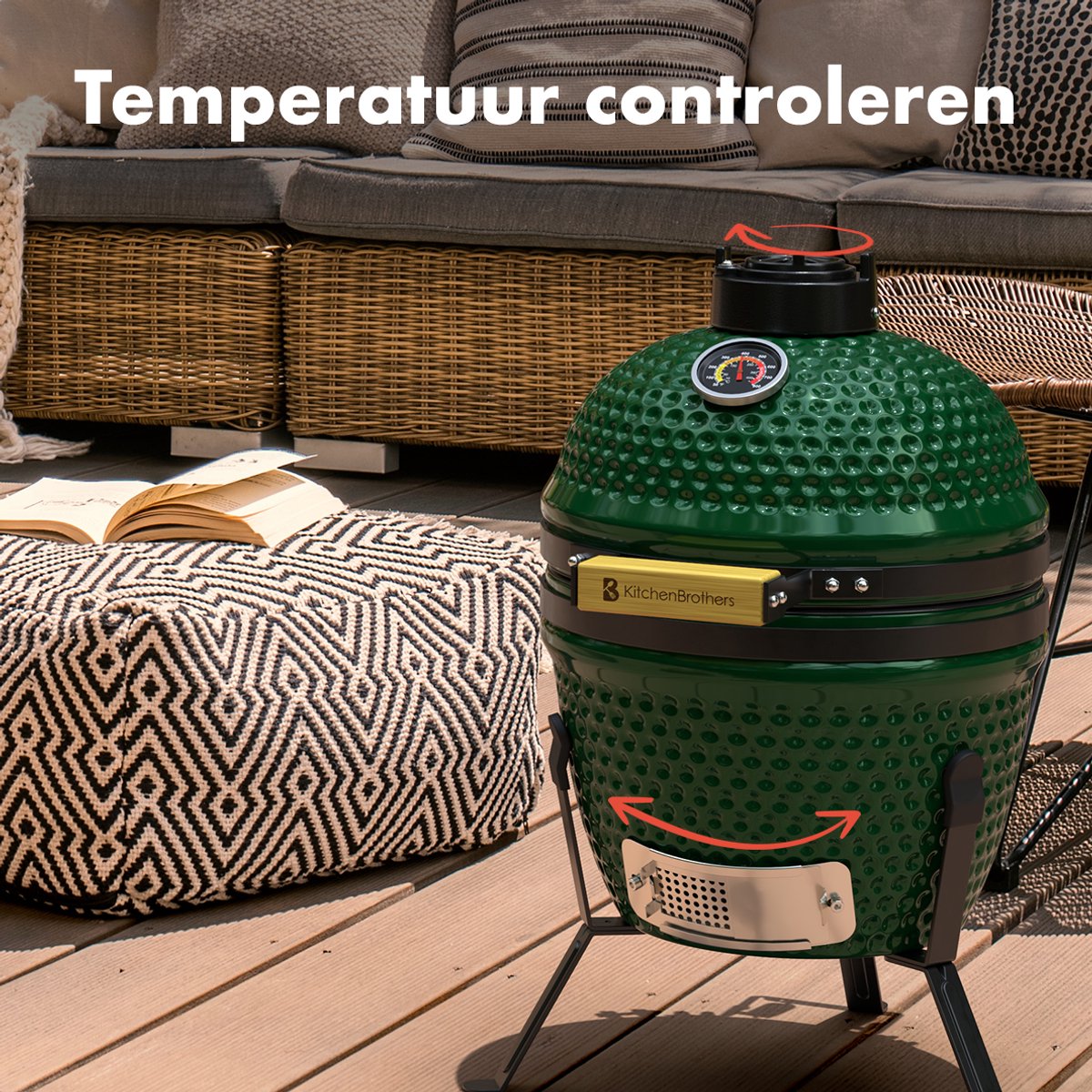 KitchenBrothers Kamado BBQ - 13 Inch Houtskool Barbecue - 27⌀ cm - PFAS-vrij -Egg BBQ - Groen – foto 6