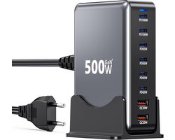 USB C Oplader 500W, 8 in 1 Meervoudige Stekker Snellader, GaN III PPS Voeding Laadstation, 2-PD100W poort/4-PD65W/2-QC3.0 USB A, Laptoplader geschikt voor MacBook Pro/Air/iPad/iPhone/Samsung