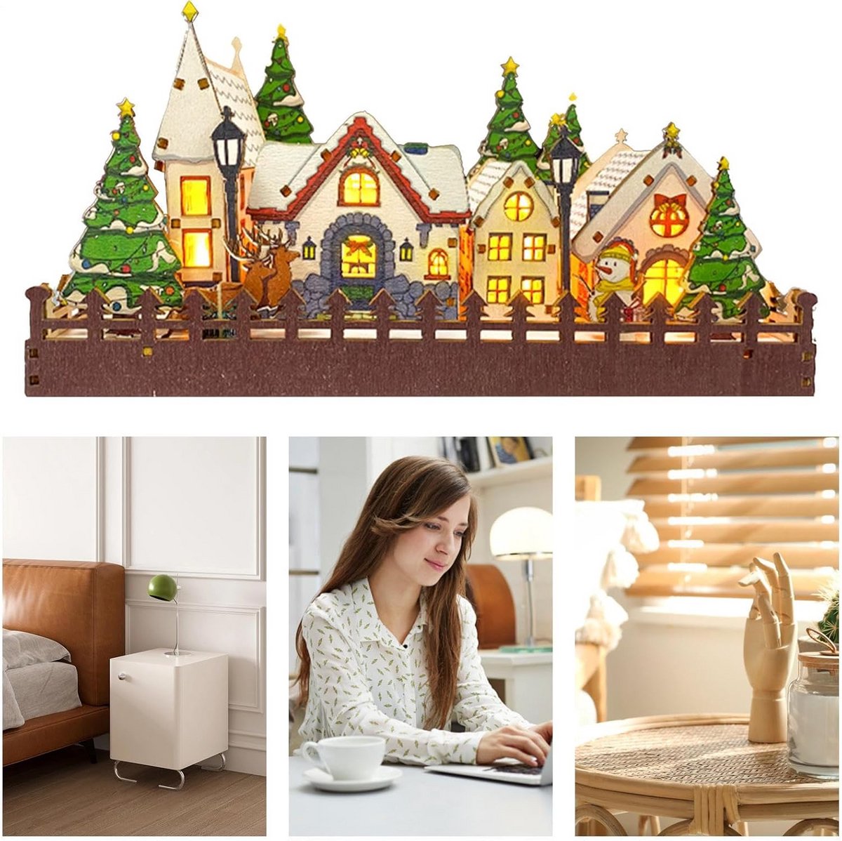 Verlicht Dorp Kerstmis Houten Set met Figuren LED Wintertafereel Tafeldecoratie – foto 7