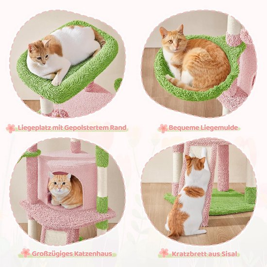 TWDEPART Krabpaal voor katten met activiteitencentrum, 95 cm, klimboom, kattenspeelgoed met speelgoedballen, groen