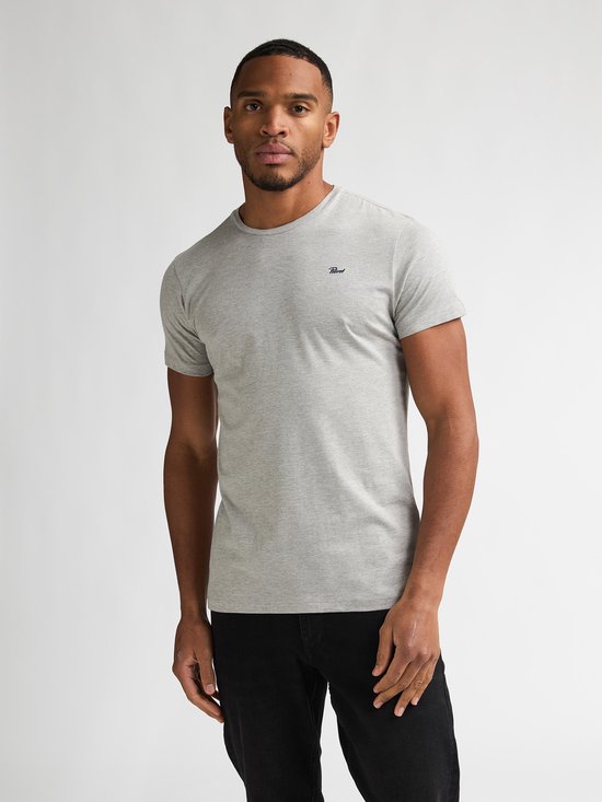 Grijze katoenen T-shirt met ronde hals en korte mouwen, gedragen door een man met een zwart logo op de linkerborst.