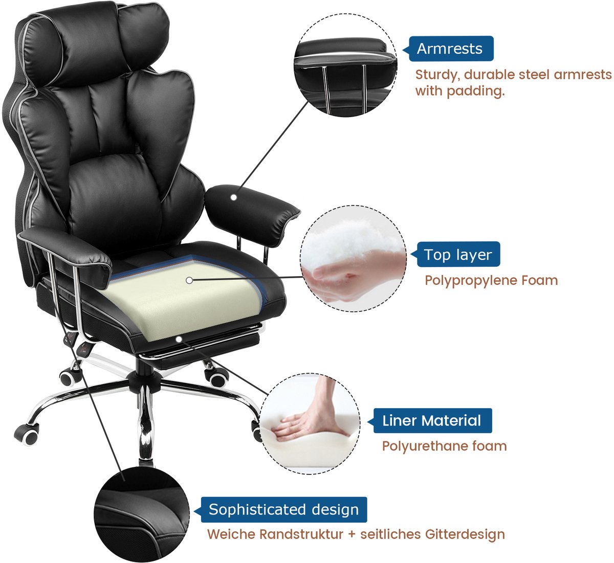 Gamingstoel, ergonomische bureaustoel, met voetensteun, - afbeelding 2