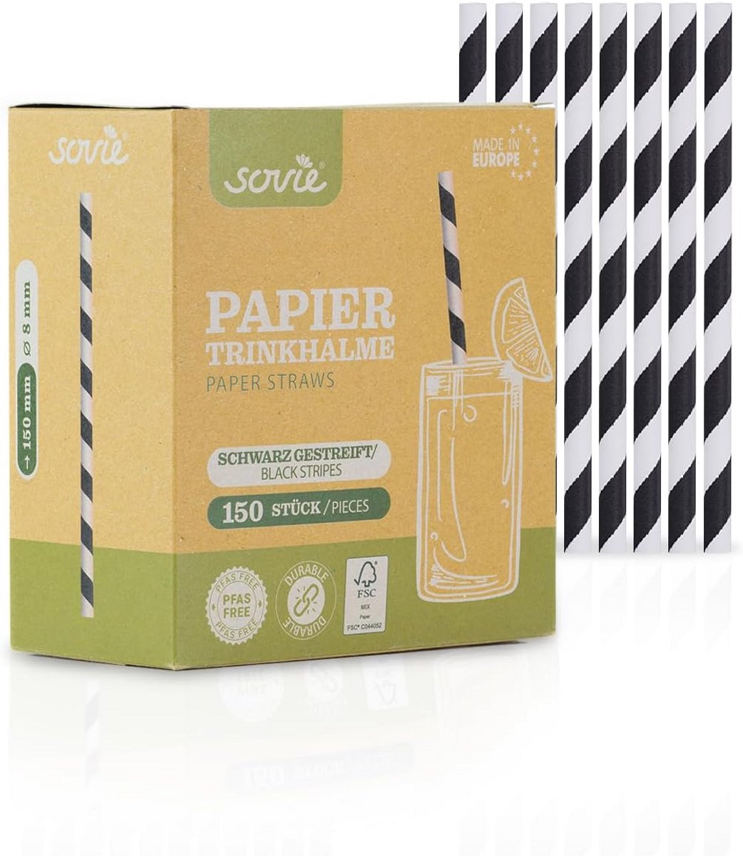 Zwart-wit gestreepte rietjes van FSC-papier, 150 stuks