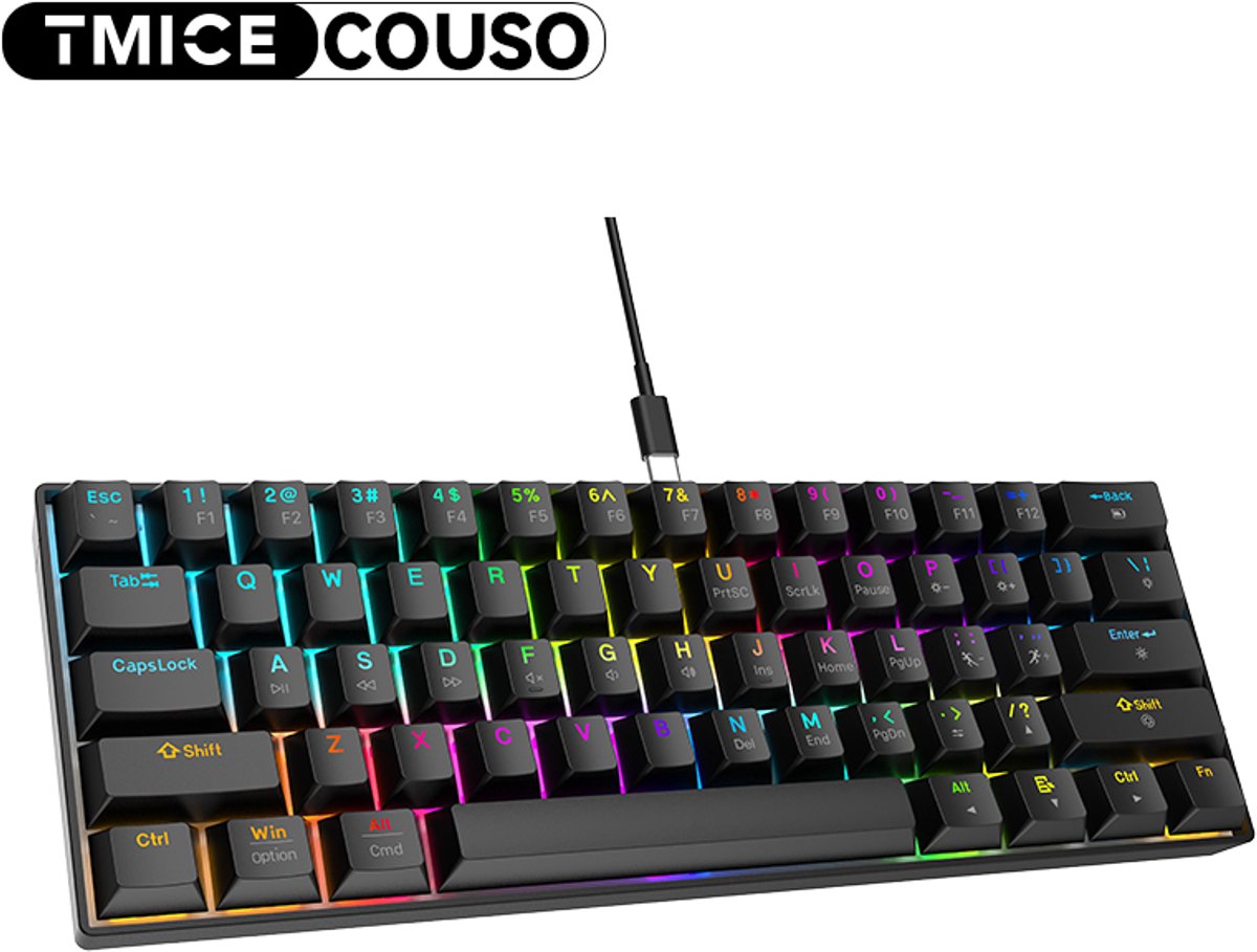 TMICE CX23 – 60% Mechanical Keyboard – Blue Switch – RGB Backlight – Zwart Mechanisch Gaming Toetsenbord – Compact Wired Type-C – 61 Keys – Anti-Ghosting – Ergonomic Design