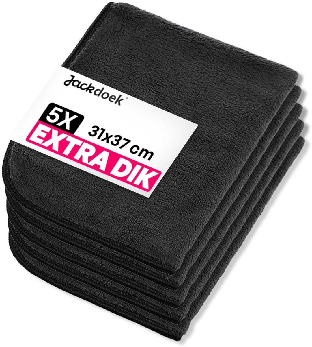 Jackdoek Classic Microvezeldoekjes - 5 pack - 31x37cm - Extra dik- Zwart - Streeploos, Sterk absorberend en Wasbaar - Voor Glas, Tegels, Keuken, Badkamer, Auto, Beeldscherm