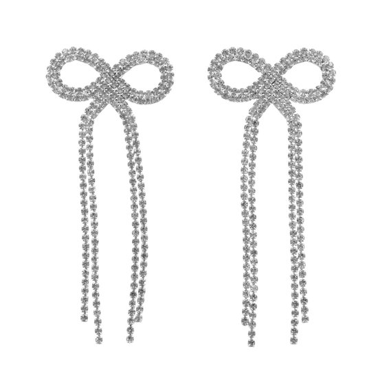 Boucles d'oreilles Nœud / Bow Strass - Couleur Argent | 8,7 x 3,8 cm | Mode Favorite