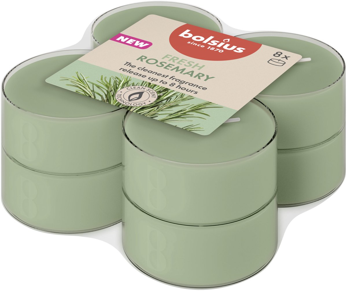 Bolsius Maxilichten - Clear Cup met Rozenmarijn Geur (8 stuks)