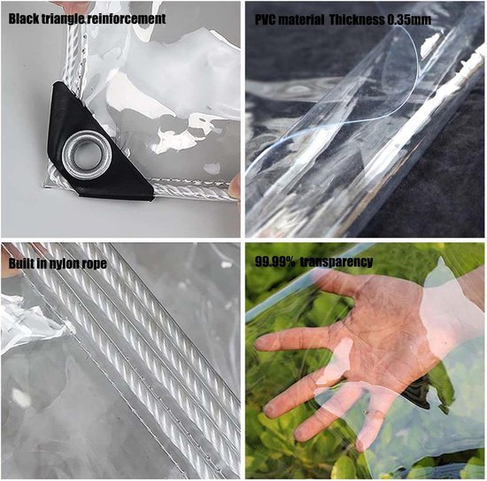 Kenmerken van het transparante zeildoek: versterkte hoek, PVC 0.35mm dik, ingebouwd nylon touw, 99.99% transparantie.