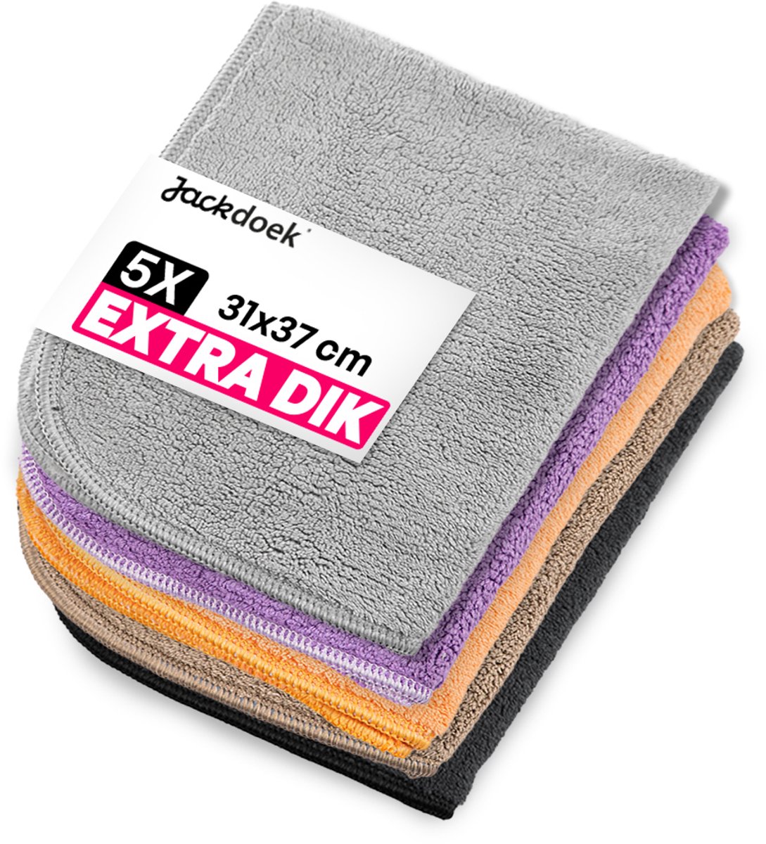 Jackdoek Classic Microvezeldoekjes - 5 pack - 31x37cm - Extra dik - Diverse kleuren - Streeploos, Sterk absorberend en Wasbaar - Voor Glas, Tegels, Keuken, Badkamer, Auto, Beeldscherm