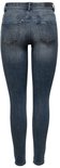 Achterkant van een donkerblauwe skinny jeans met middelhoge taille, lichte wassing en achterzakken.