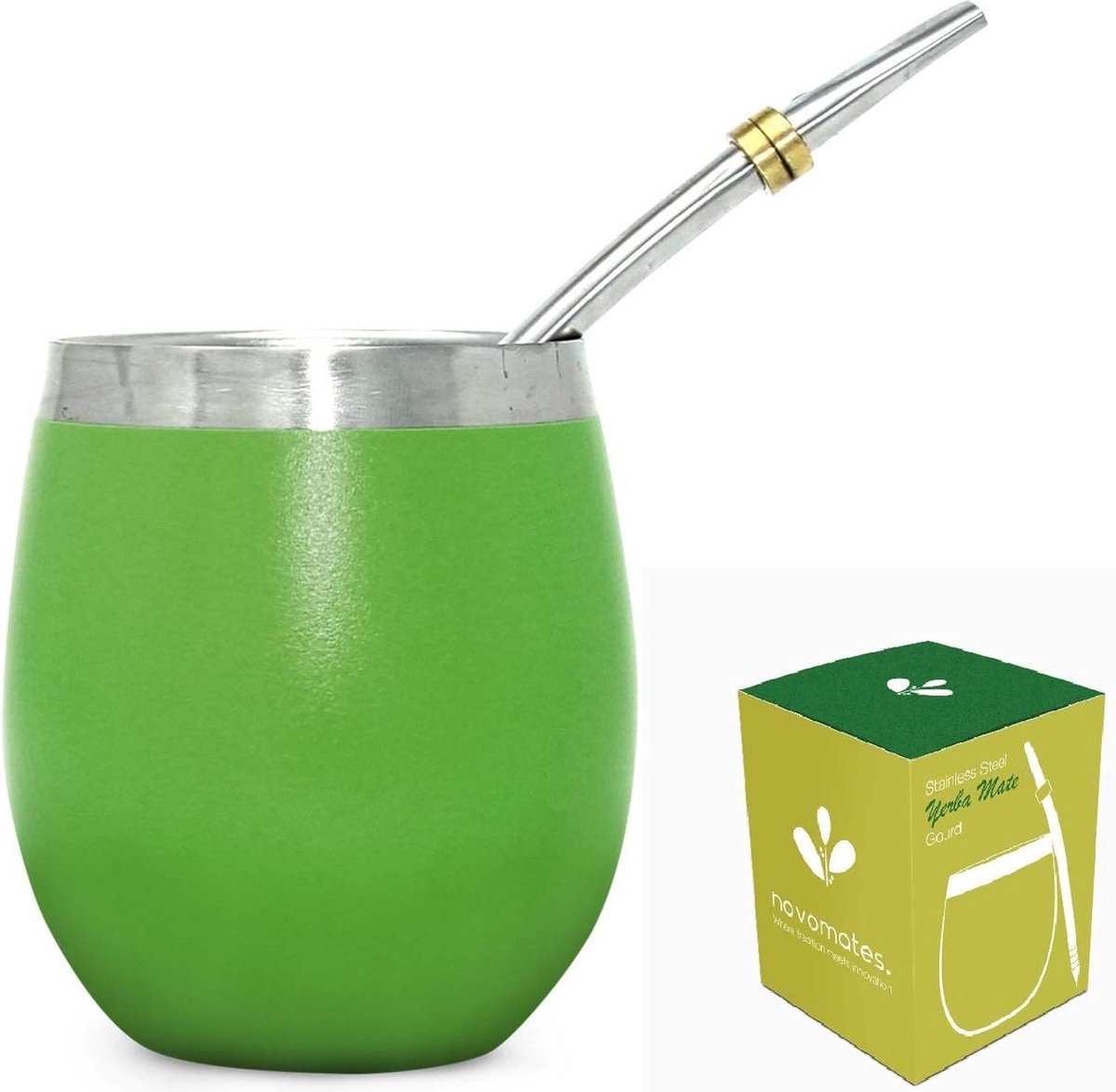 Stunq® Mok (kalebas) - Mate theeset - dubbelwandige roestvrijstalen Yerba Mate mok met Bombilla Mate - Mate theeset - 237 ml, groen