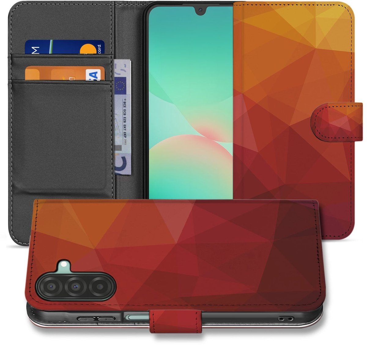 Bookcase Samsung Galaxy A17 Polygon Rood, PU Leer, 3 Pasjes
