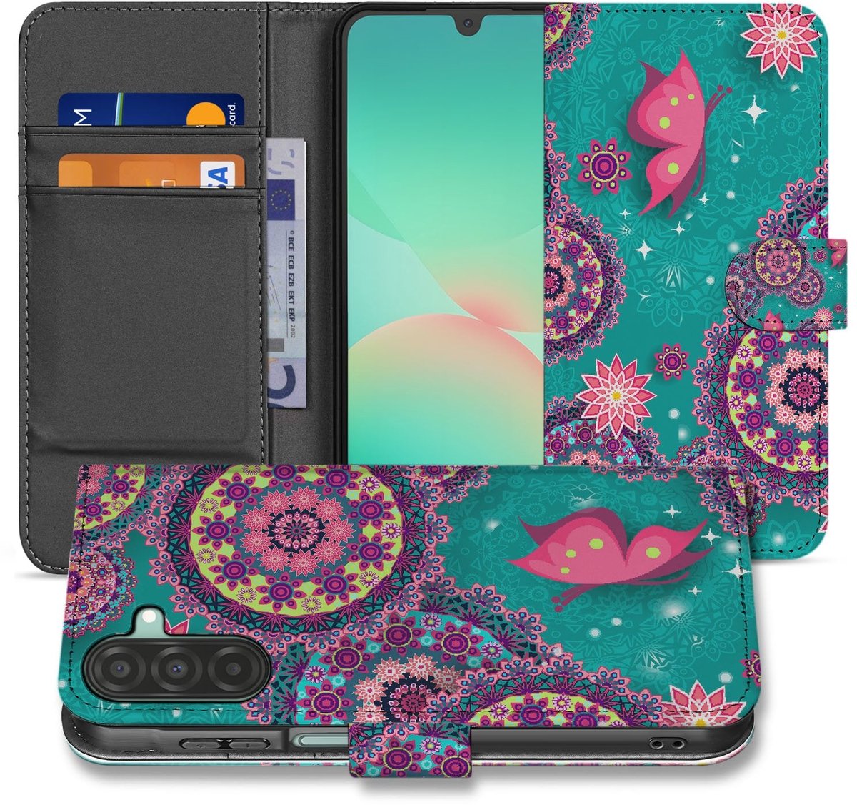 Samsung Galaxy A17 Bookstyle Hoesje Met Pasjes Cirkels en Vlinders