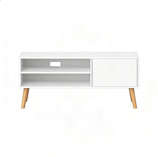 Tv-meubel, zijkast, opbergkast 120×40×49 cm wit + houtkleur, geschikt voor tv's tot 55 inch, industrieel design, open en gesloten opbergruimte, stabiele houten poten, ideaal voor de woonkamer