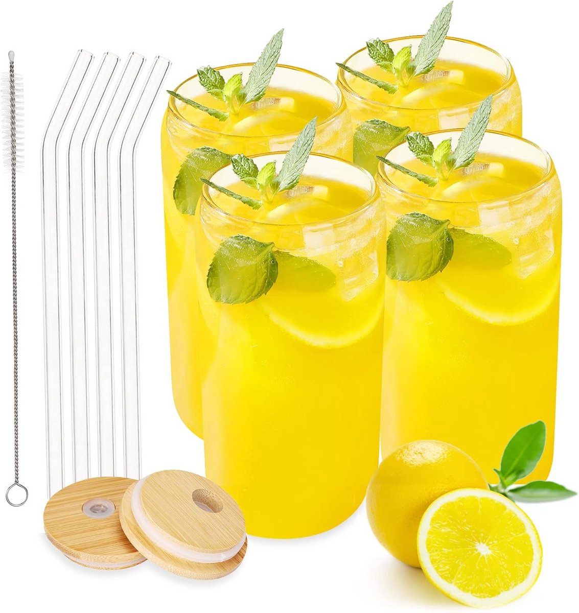 Set van 4 blikvormige drinkglazen met bamboedeksel en rietje, 500 ml