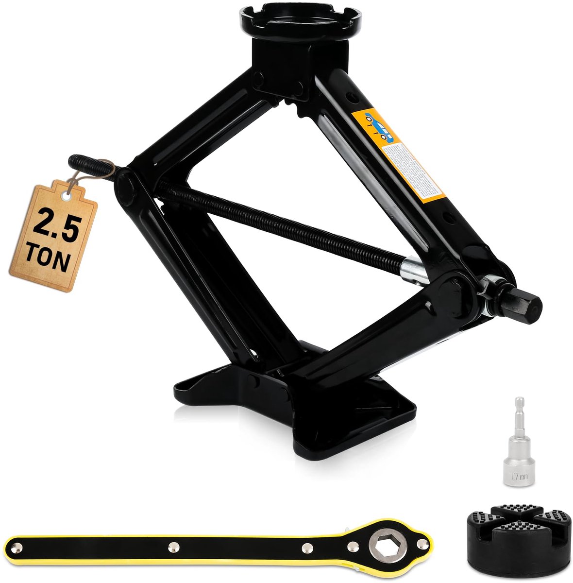 2.5T Schaarwagenkrik Set | 10–43 cm Hefhoogte | Inclusief 6-kante slinger, 17mm dop voor boormachine & rubberen pad | CE