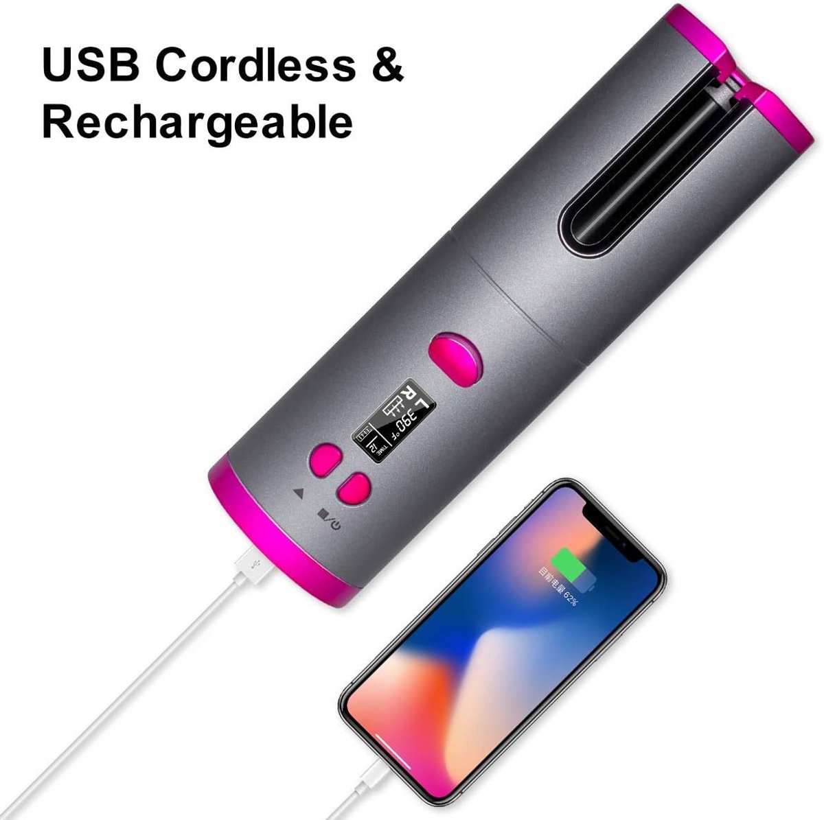 Automatische krultang, draadloos, oplaadbaar, USB, - afbeelding 3