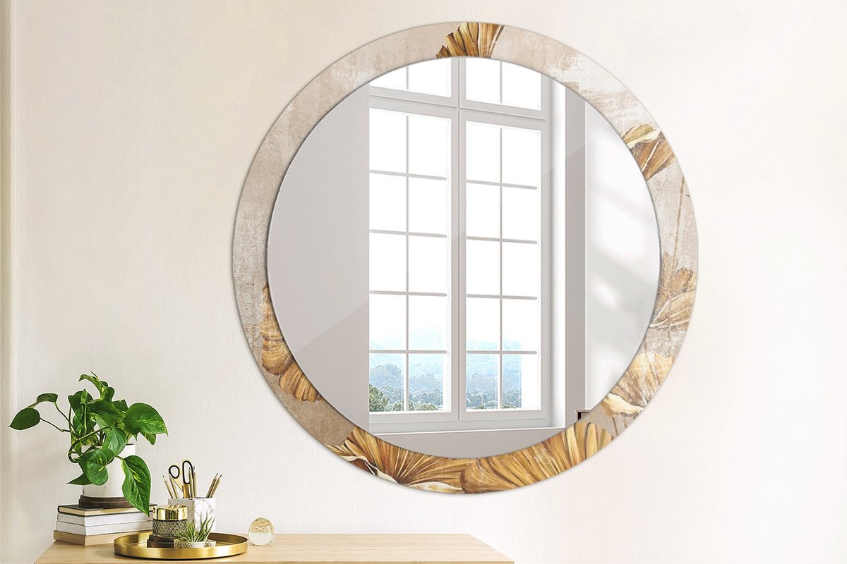 Coloray Bedrukte Spiegel - Boho bladeren Spiegel Met Decoratie - 90 cm - Geel Bedrukte Spiegel - Spiegel Met Decoratie - Spiegel Lijst Met Print - Spiegel Met Print Geel Boho bladeren