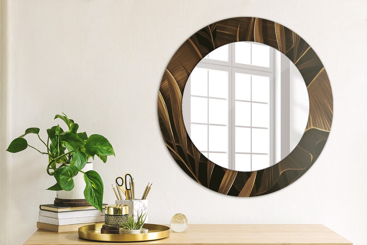Coloray Bedrukte Spiegel - Bruine bananenbladeren Spiegel Met Print - 50 cm - Bruin Bedrukte Spiegel - Spiegel Met Print - Wandspiegel Met Print - Wandspiegel Decoratieve Print