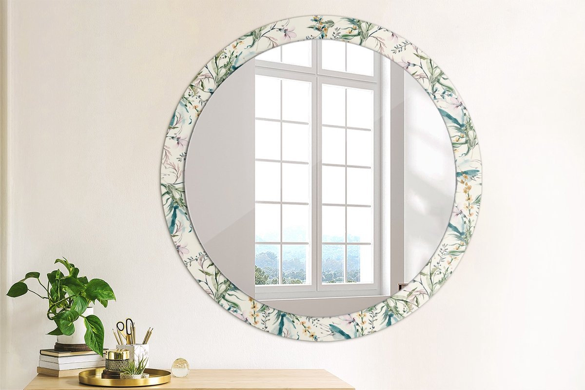 Coloray Bedrukte Spiegel - Aquarelbloemen Wandspiegel Met Print - 90 cm - Romig Bedrukte Spiegel - Wandspiegel Met Print - Wandspiegel Decoratieve Print - Bedrukte Spiegel Romig Aquarelbloemen
