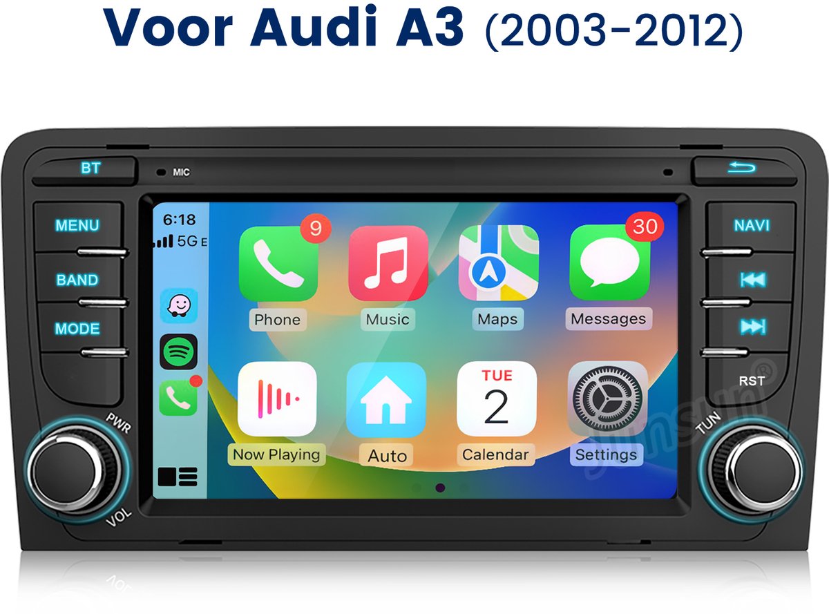 HexinexMarket Quad-Core autoradio Geschikt voor Audi A3 S3 - Draadloos CarPlay, Android Auto, Android 15, multimediaspeler, 2GB+32GB